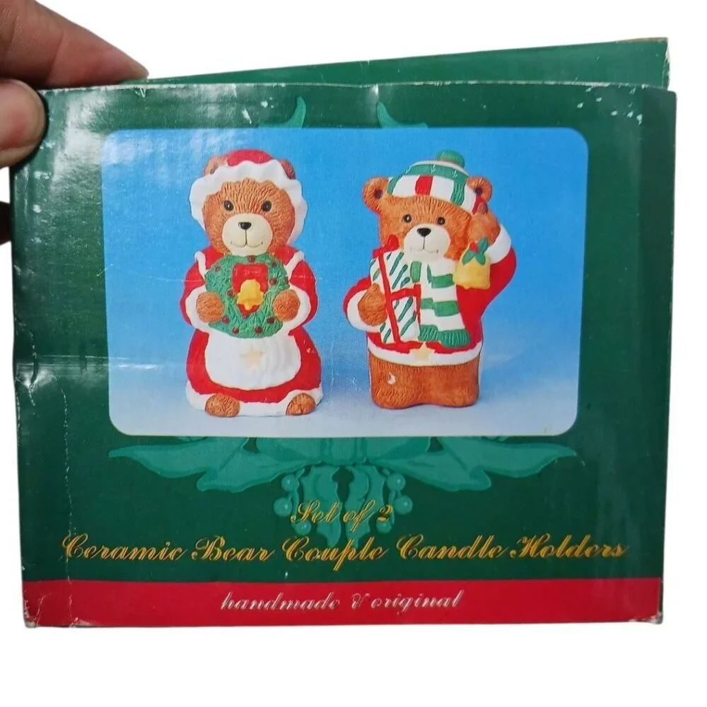 Vintage Christmas Bear Candle Holders Festive Holiday Decor Ceramic Multicolor